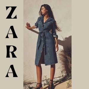 Denim Jeans Dress by Zara Midi Button Up with Belt Long Sleeve Size L